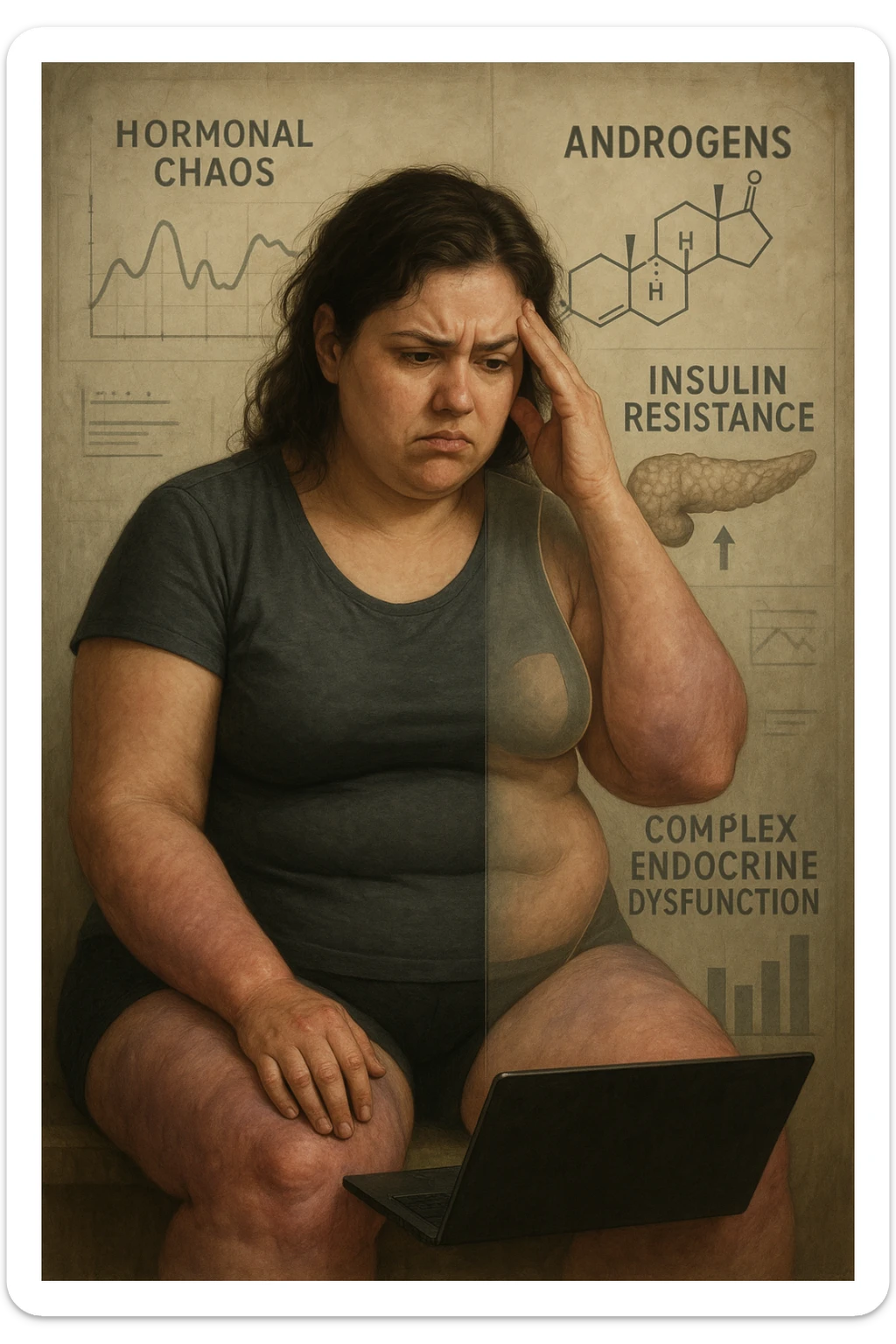 cinematic realistic in italiano Woman with PCOS struggling with hormonal chaos, transparent overlay showing elevated androgens and insulin resistance affecting her body, lipedema causing disproportionate fat accumulation in legs and arms despite normal torso, expression of frustration with unexplained weight gain, medical charts showing complex endocrine dysfunction, painful swollen limbs contrasting with metabolic confusion in italiano sticker
