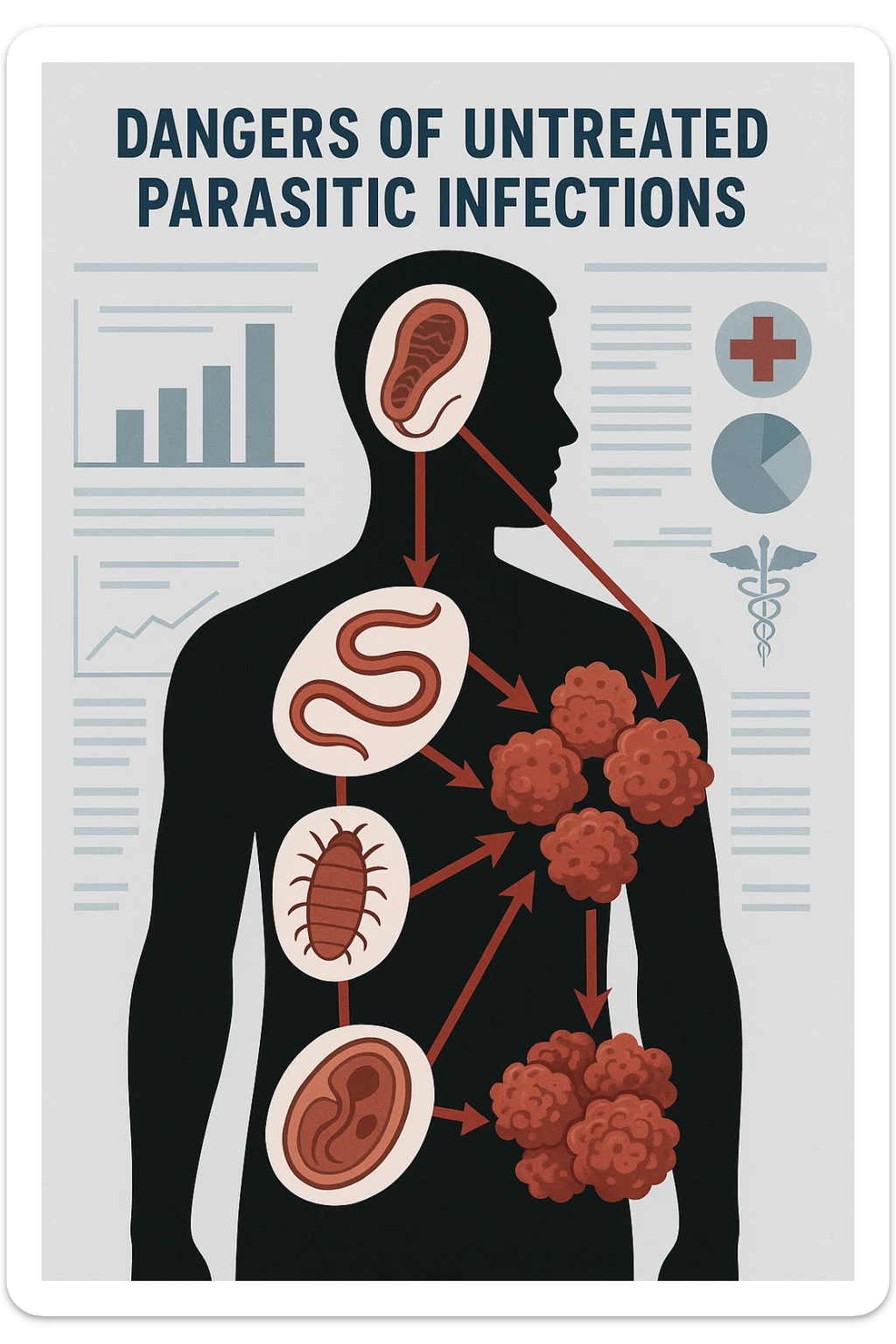 a man’s silhouette is filled with stylized images of parasites and tumor cells, connected by red lines or arrows to show cause and effect. The background features a medical chart or infographic about the dangers of untreated parasitic infections. The overall tone is serious and educational. sticker