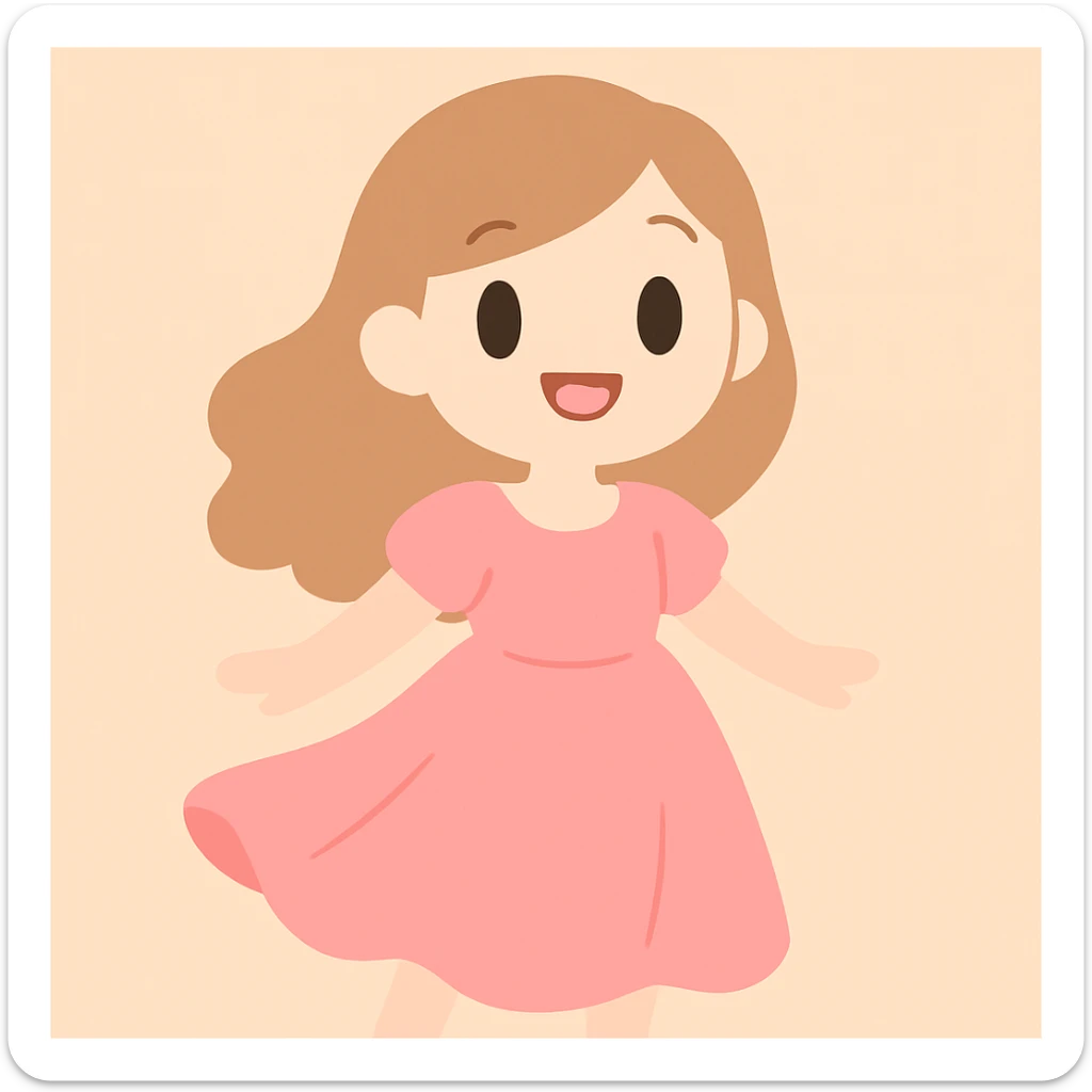 a beautiful white girl in a flowing pink dress, smiling, pastel background sticker