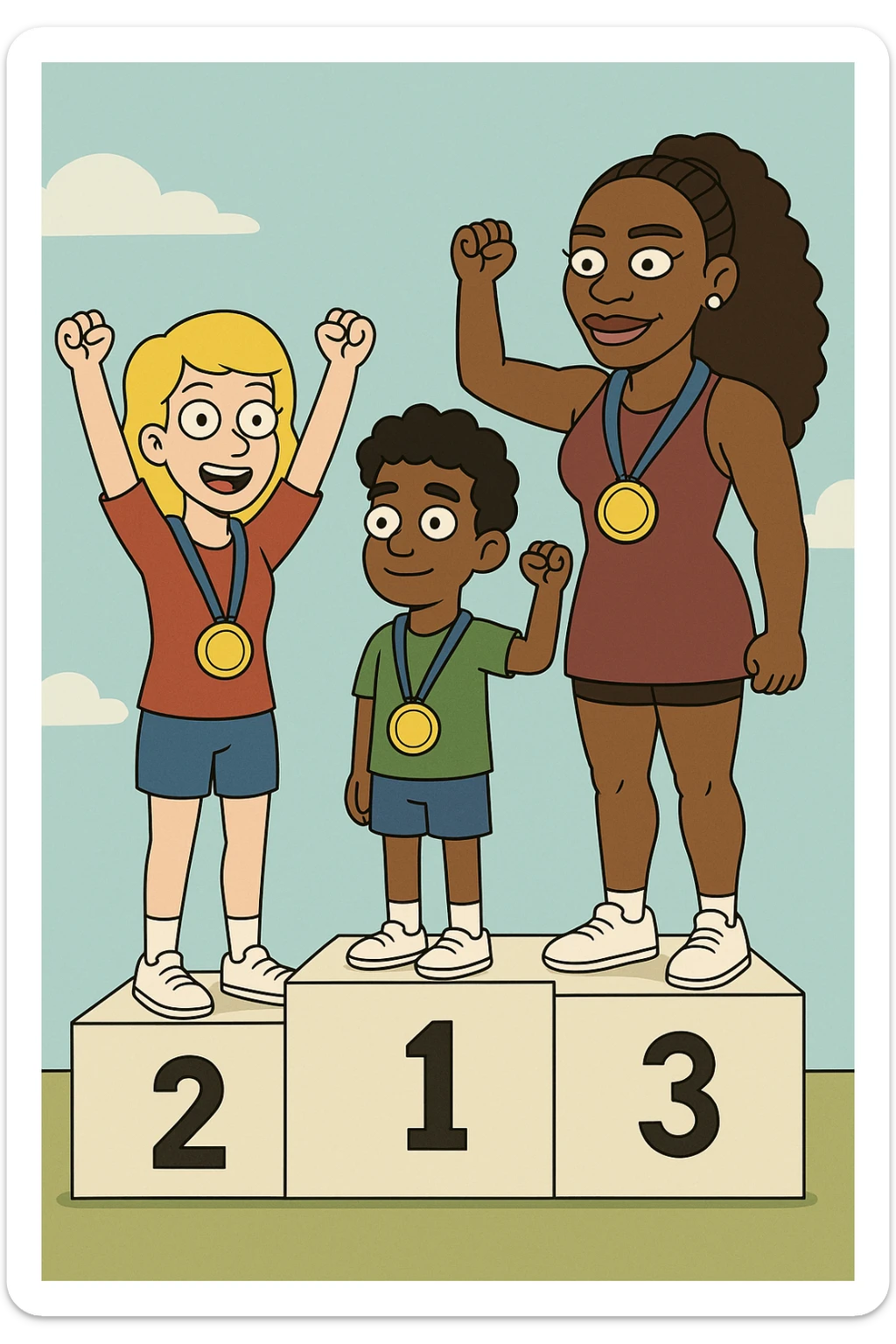 winners podium girl yellow hair Olympic Gold Medal a boy brown skin black Classic Curl hair Olympic Gold Medal Serena Williams Olympic Gold Medal  sticker