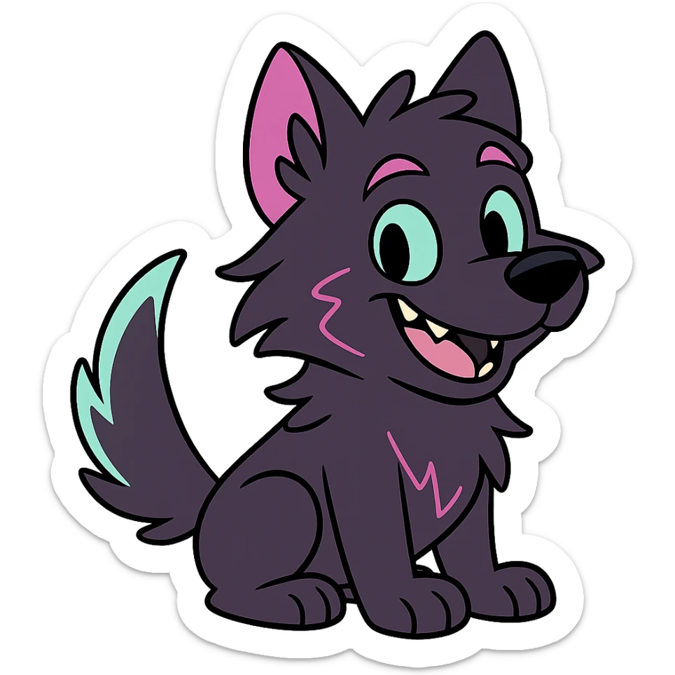 cute wolf pup with dark purple fur, neon mauve and neon teal highlights, grinning, comic style sticker