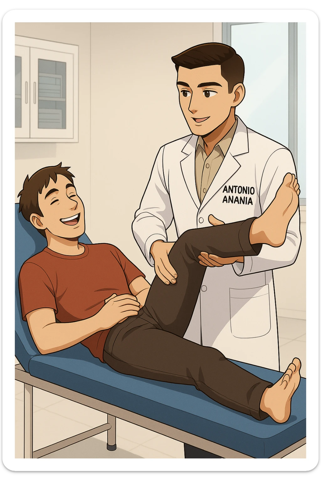 fai un webtoon manga a colori con questo stile, in cui un uomo è steso sul lettino medico e il kinesiologo con il camice bianco (fagli anche la scritta "ANTONIO ANANIA" SUL CAMICE, gli solleva una gamba per fargli il test neuromuscolare, IL KINESIOLOGO SPIEGA ALL'UOMO UNA cosa mentre gli alza la gamba. l'espressione dell'uomo è felice e soddisfatta, non fare i fumetti però, fai solo in modo che sembri stiano parlando, il lettino fai in modo che si veda tutto intero sticker