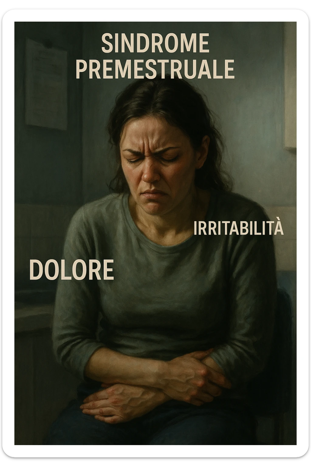realistic illustration of a woman showing pain and irritability due to premenstrual syndrome, contracted posture, clinical atmosphere, dramatic lighting, Italian captions, vertical 2:3 format sticker