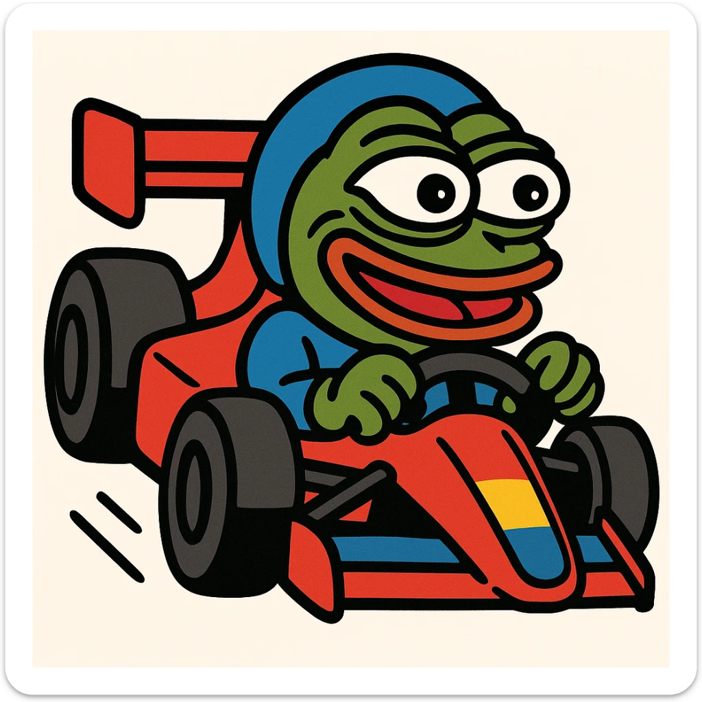 Pepe the Frog driving an F1 race car, energetic, fun, mascot style sticker