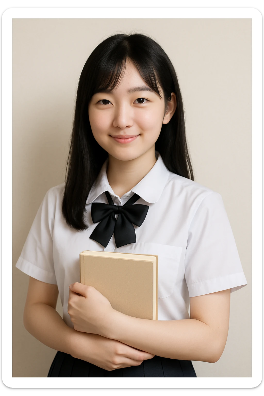 Asian girl with black hair and white skin, in a white school uniform, holding a book sticker