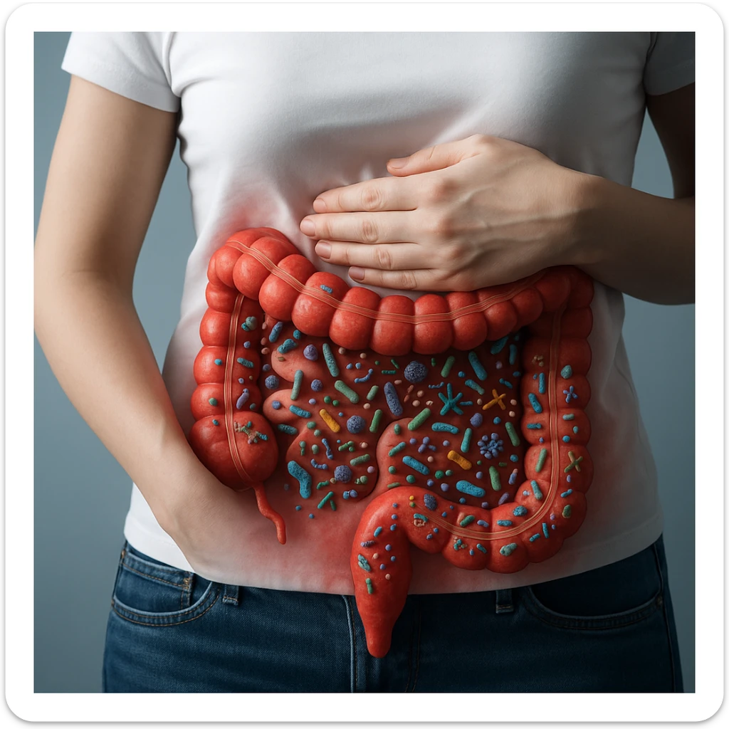 Hyperrealistic 4K anatomical section of a female body, in a similar position to the reference image, intestine without parasites but with dysbiosis: varied bacteria and microorganisms, reddened and inflamed walls, clinical atmosphere. sticker
