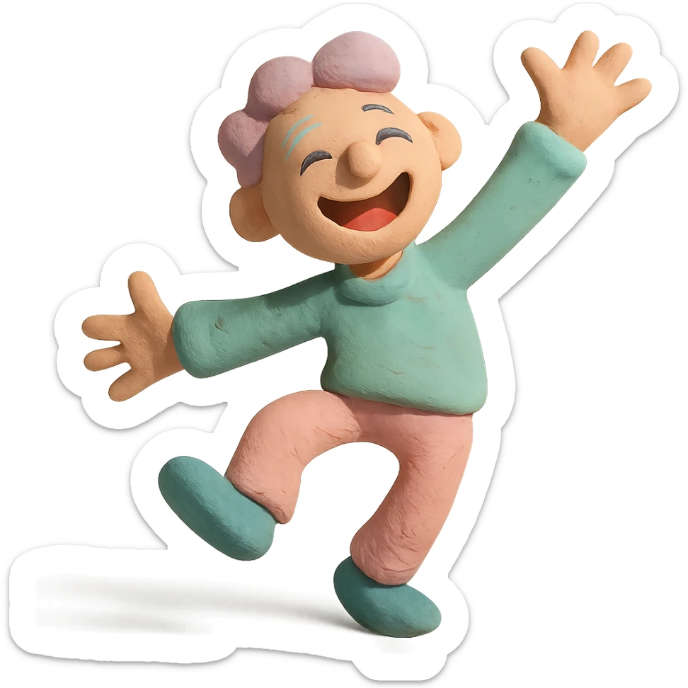 character mid-dance, exaggerated joyful pose, pastel colors sticker