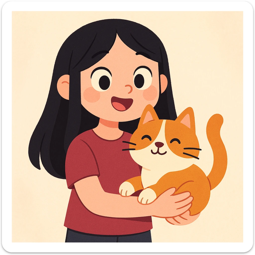cute girl with straight long black hair, maroon shirt, holding a cat, soft pastel cartoon style sticker