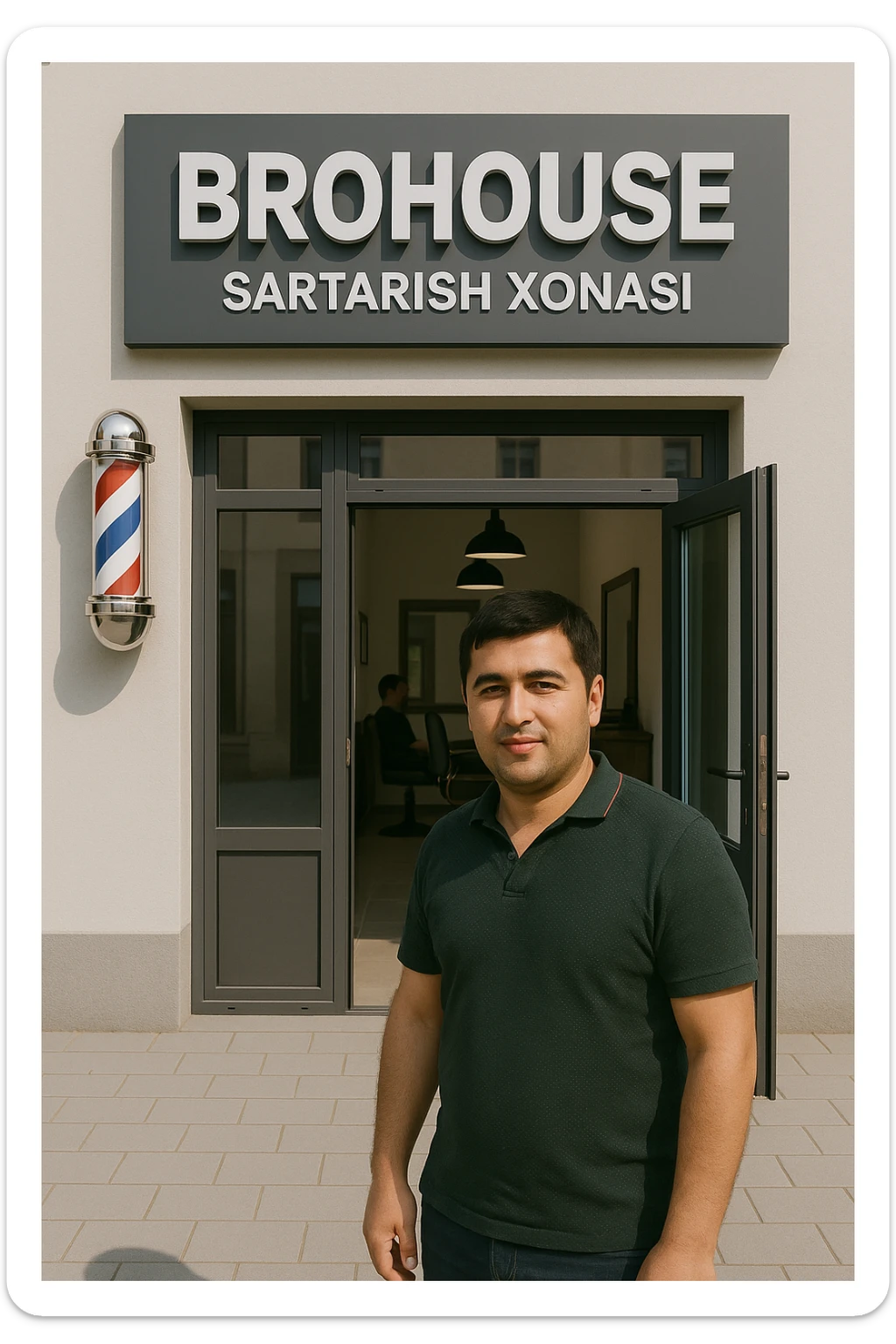 eni shu rasimga manashu odamga uxhshasin sartaosh eshik oldida tursin va tashqarida esa mijoz sticker