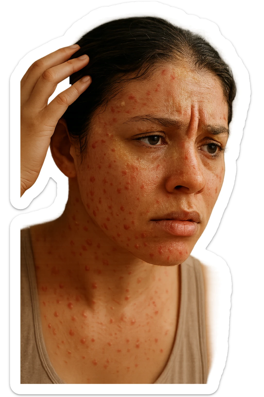 A highly realistic, cinematic close-up portrait of a young woman in her late 20s with medium skin tone, displaying visible folliculitis and seborrheic dermatitis. Small, red, inflamed follicular papules and pustules are scattered along her hairline, jawline, and upper neck, indicating folliculitis. Her scalp and areas around the nose and eyebrows show flaky, greasy yellowish scales, with redness and irritation, indicating seborrheic dermatitis. Her hair appears slightly greasy and clumps near the scalp, emphasizing excess sebum production. She gently touches her irritated scalp with concern while looking at herself in a softly lit bathroom mirror, expressing discomfort and frustration. The environment is neutral and clean, with daylight softly illuminating the scene to highlight the skin and scalp texture. The style is 35mm hyperrealistic, with warm neutral tones and shallow depth of field to maintain focus on her skin, inflammation, and emotional expression, visually explaining the physical discomfort and aesthetic concerns of living with folliculitis and seborrheic dermatitis sticker