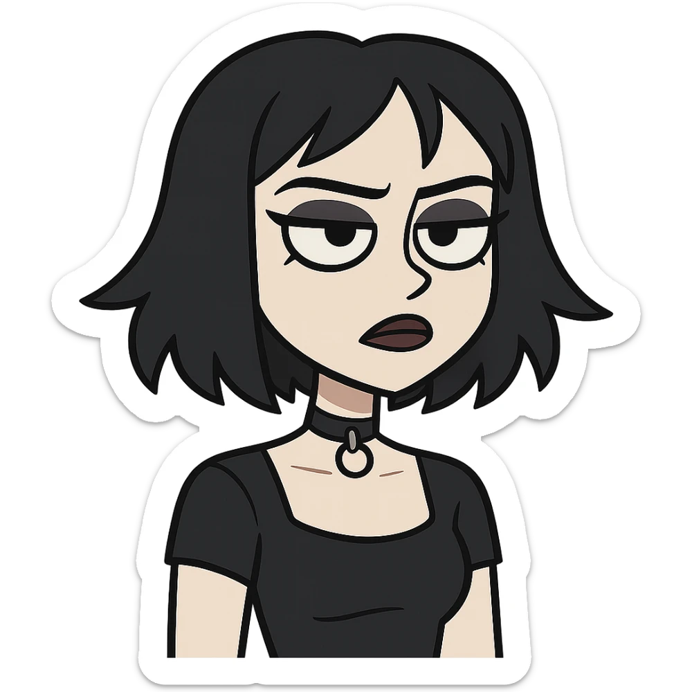 goth girl, pale skin, black hair, dark makeup, choker, moody expression, modern cartoon style sticker