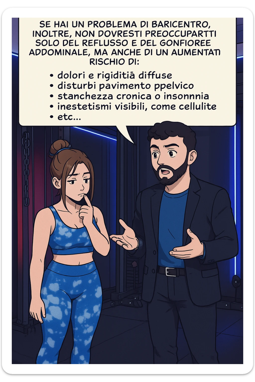 TRASFORMA QUESTO CAROSELLO IN UN FUMETTO STILE WEBTOON/MANGA A COLORI CON QUESTE DUE PERSONE IDENTICHE CHE INTERLOQUISCONO TRA LORO, L'uomo sta spiegando alla donna questo concetto MENTRE LA DONNA SI TIENE L'INDICE SUL MENTO ASCOLTANDOLO PENSIEROSA:

Se hai un problema di baricentro, inoltre, non dovresti preoccuparti solo del reflusso e del gonfiore addominale, ma anche di un aumentato rischio di:
    • dolori e rigidità diffuse
    • disturbi pavimento pelvico
    • stanchezza cronica o insonnia
    • inestetismi visibili, come celluluite
    • etc… sticker