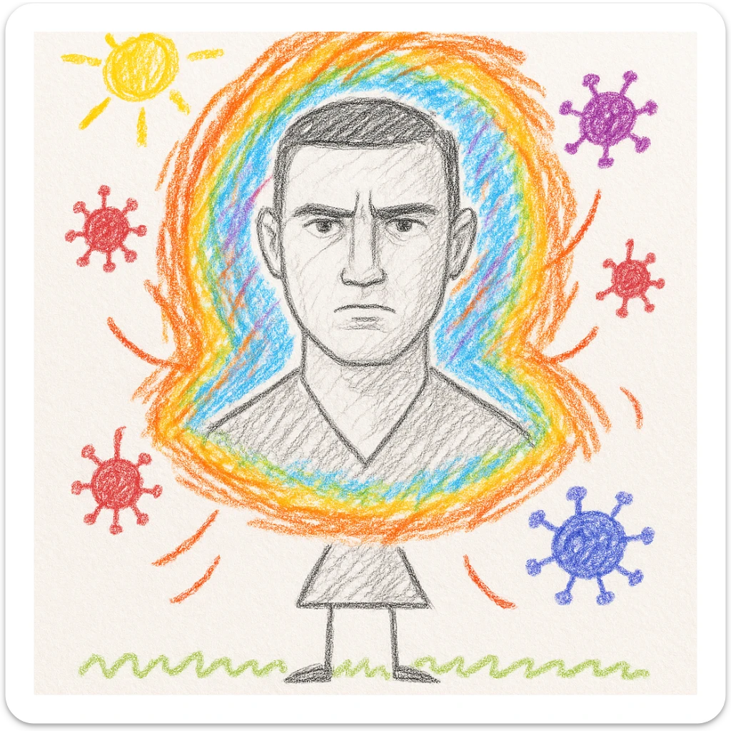 Vertical portrait of a man's face in a vibrant illustrated style with a serious expression. Small stylized parasites try to approach but are repelled by a protective aura around the face. Use vivid colors to emphasize the protective energy and the parasites. sticker