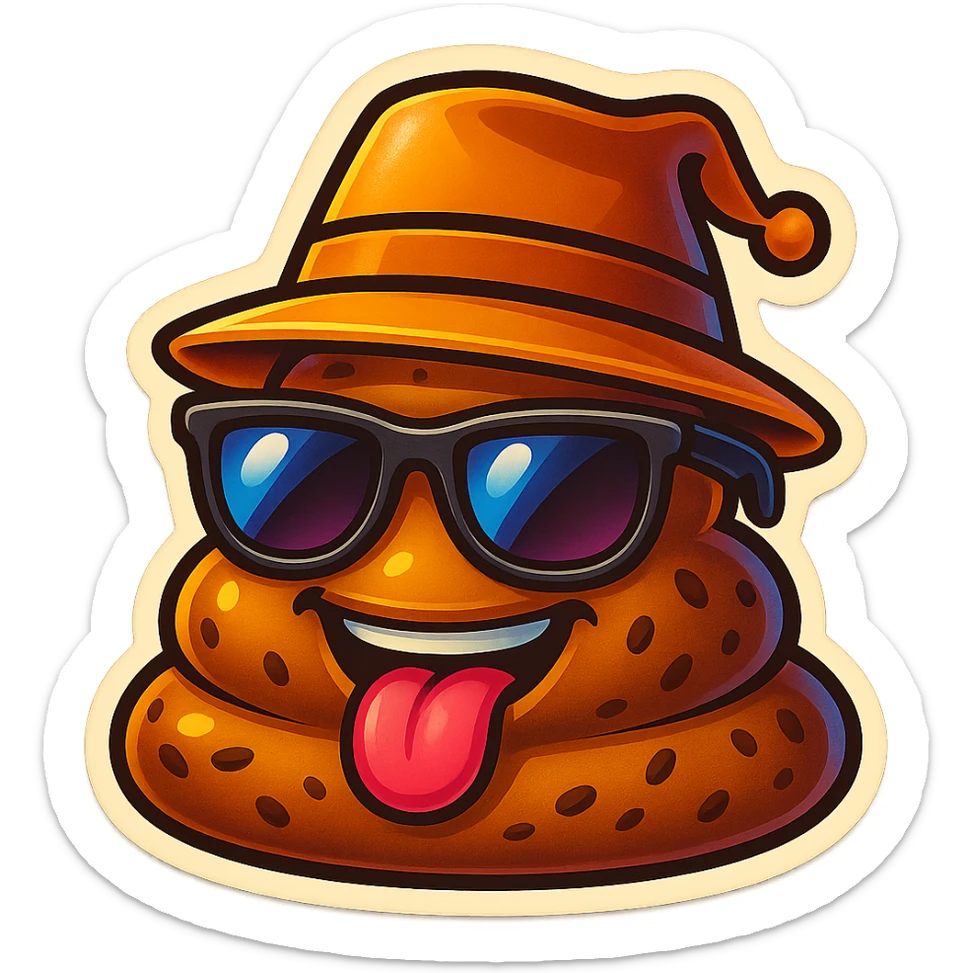 Add stylish sunglasses and a stylish hat to the cartoon poop, cheerful expression, no background. sticker