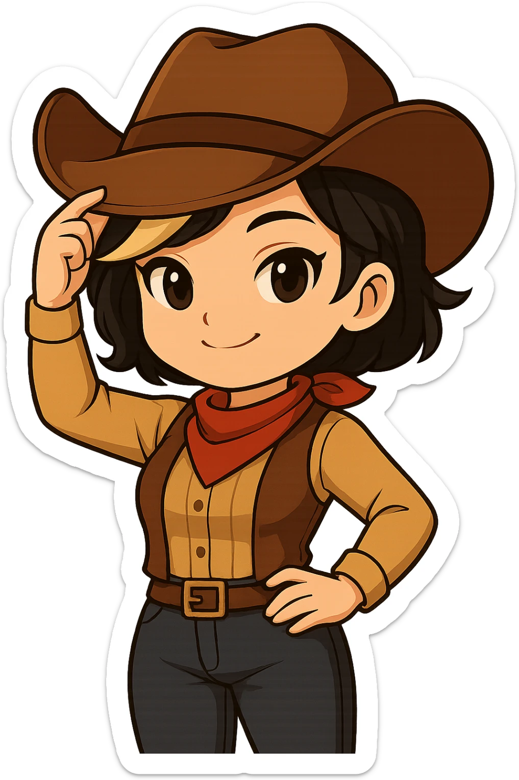 Sexy chibi cowgirl with short hair and a blonde streak, wearing a cowboy hat and western outfit, no guns. Pose: standing with one hand on hip, other hand tipping hat, confident smile, chibi/anime style, sized for Twitch or Discord use, transparent background. sticker
