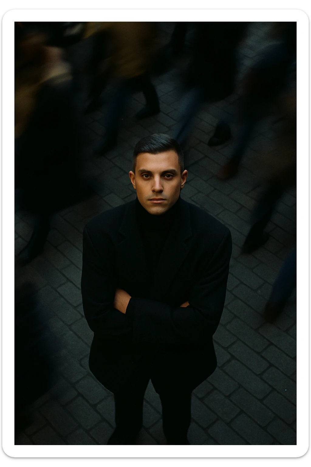 overhead shot of me standing still on a brick city sidewalk, wearing a dark oversized blazer,
motion-blurred crowd rushes past around me. Moody lighting, 35mm film look, shallow depth of field, sharp focus on me. sticker