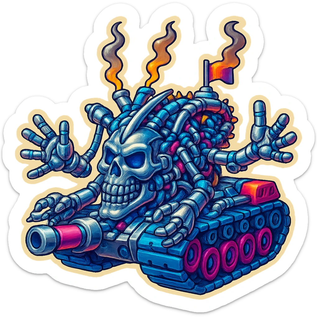 Edit the skull robot tank to have 4 distinct arms, all metal parts shiny silver with some non-metal elements featuring vibrant color accents. Maintain the retro stickers style with a clean outline and transparent background. sticker