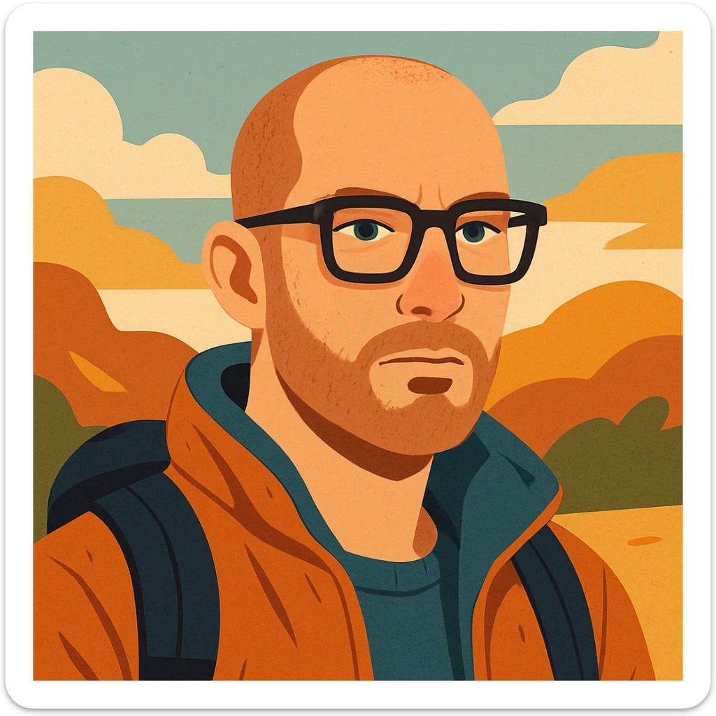 a bold man with a bit of ultra short hair, squared dark-framed glasses, blue eyes, looks like a traveler, modern illustration style sticker
