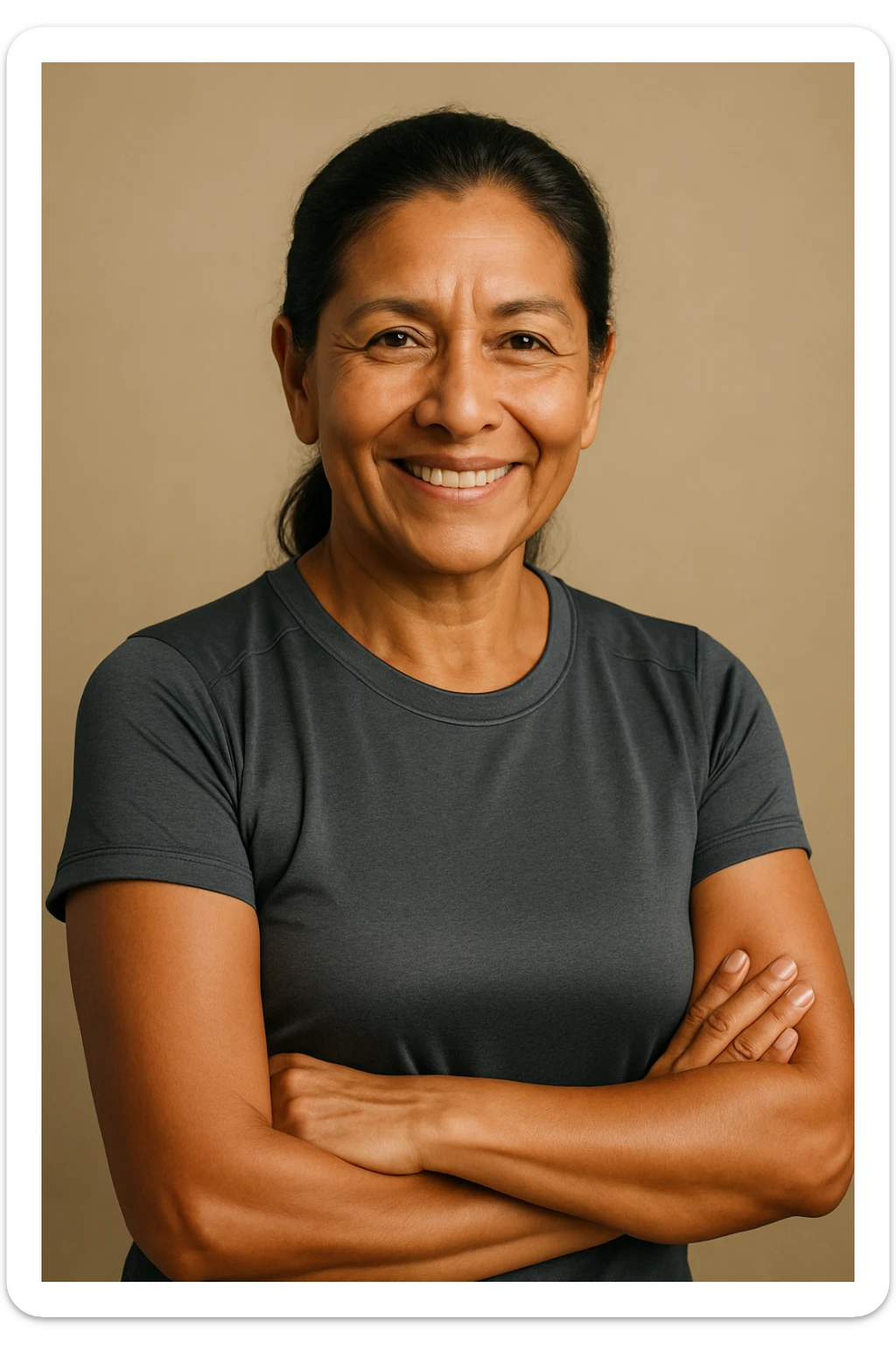 Portrait of a mature Peruvian woman, dark hair tied back, wheat-colored skin, warm smile, lead-colored sportswear, conveys energy and health, designed for a supplement brand targeting Peruvian adults. sticker