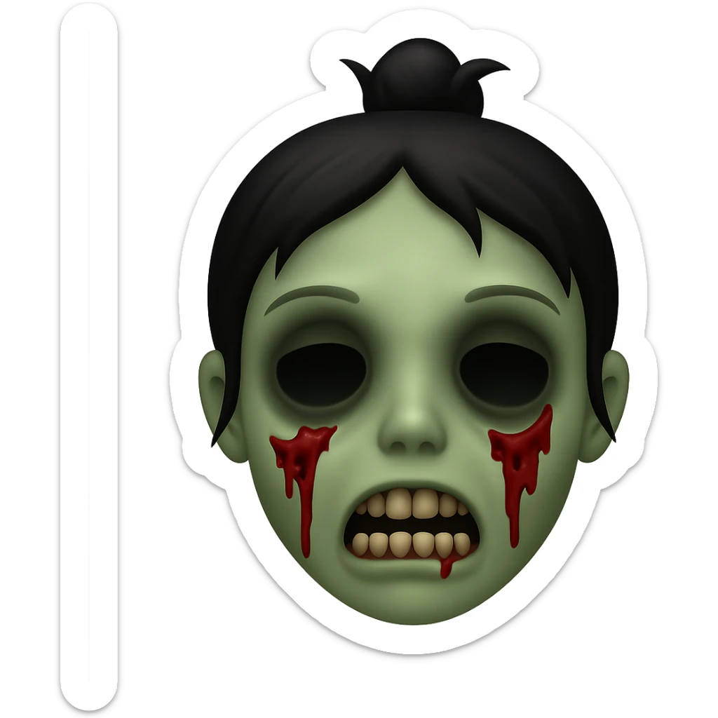 Create a zombie emoji with black hair styled in a messy bun, in the style of Apple emojis. The emoji should have the typical zombie features with greenish skin and a spooky expression, combined with the distinct Apple emoji look and feel. sticker