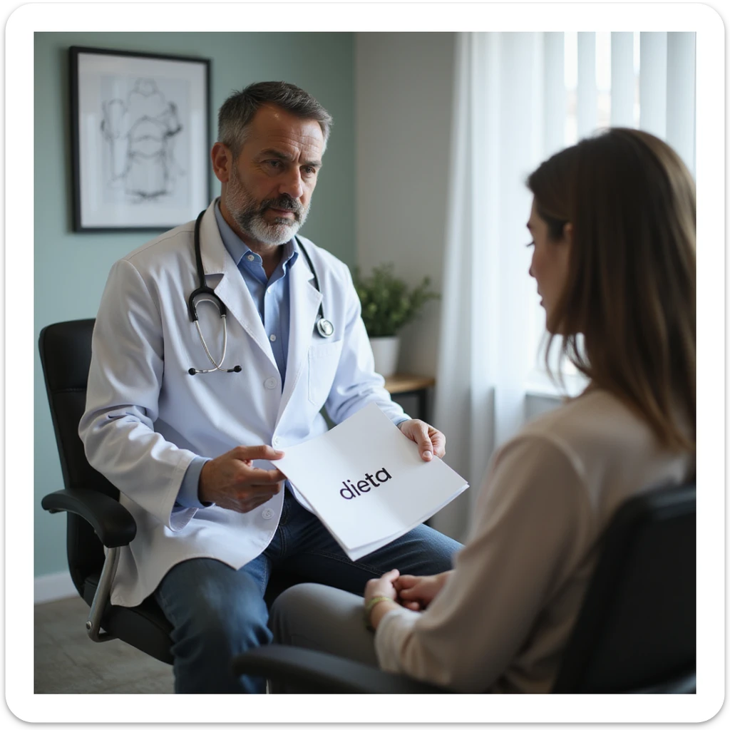 hyperrealistic 4K scene of a male nutritionist in a white coat handing a sheet with the word 'dieta' to a seated female patient in his medical office, variation 5 sticker