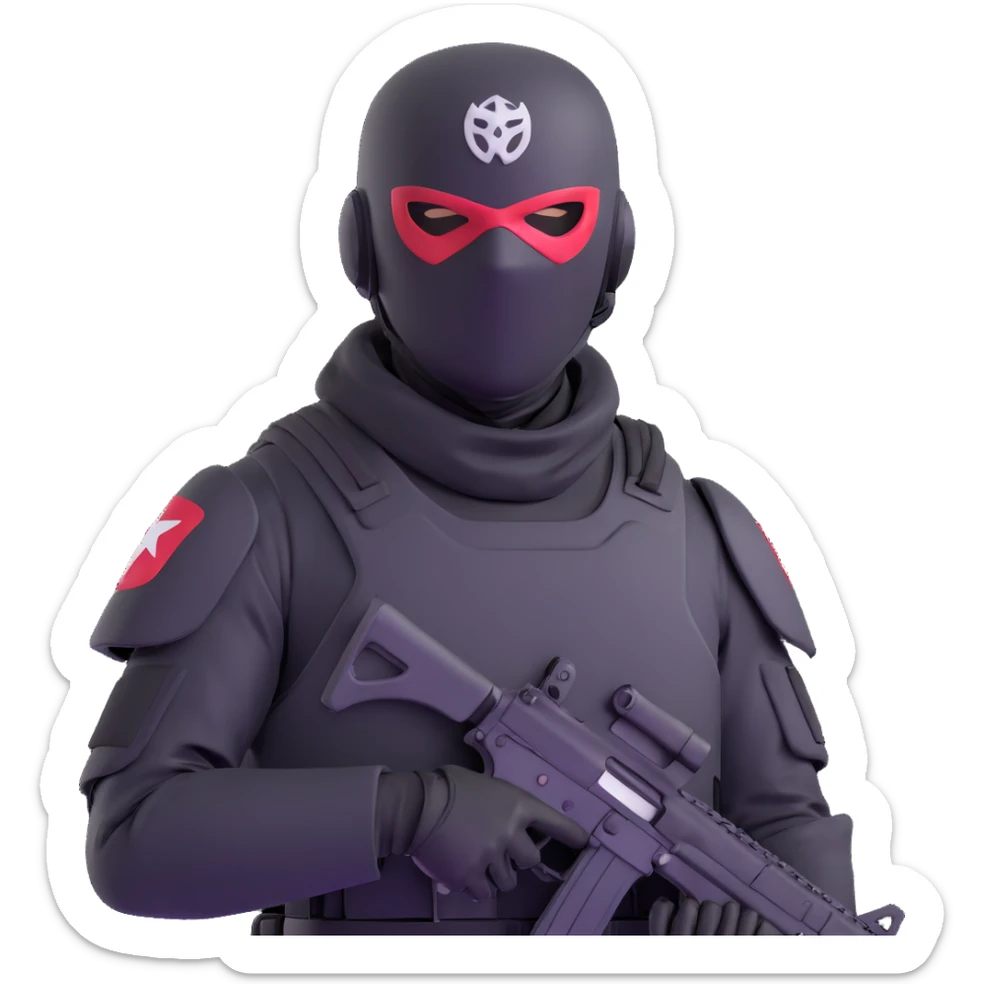 armed figure in all-black military clothing, shiesty mask, helmet, dramatic lighting sticker