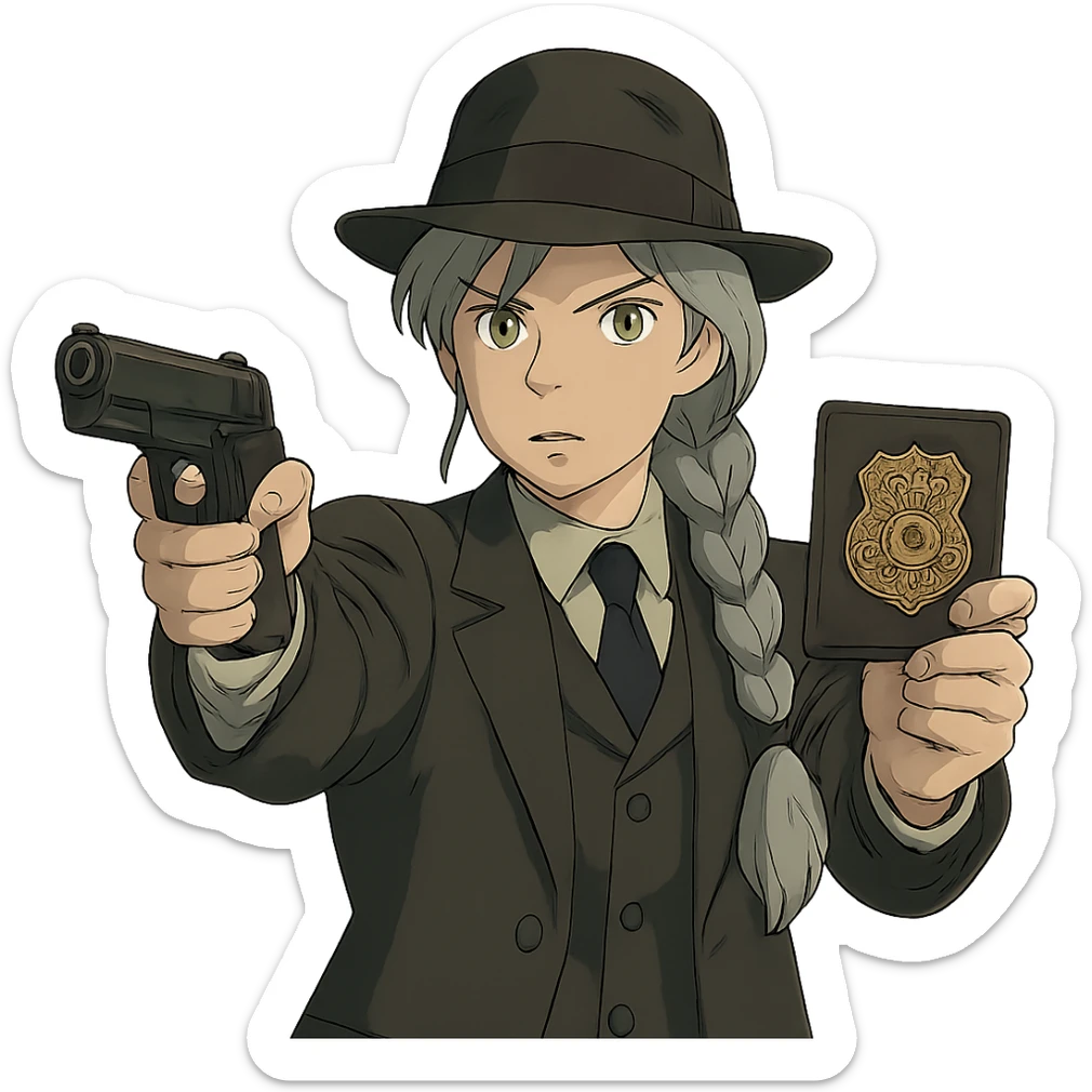 1 female, 1920's mens suit, long white hair braid, gold yellow eyes, muted dark colors, brandishing a colt 1911 and a detective badge sticker