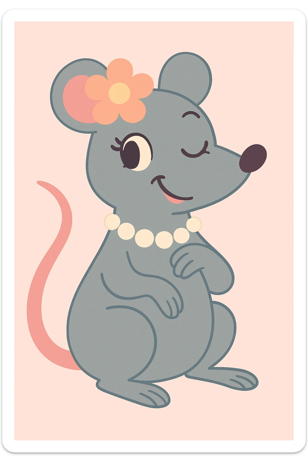 a coquette rat, winking, with a pearl necklace and a flower, pastel cartoon style sticker