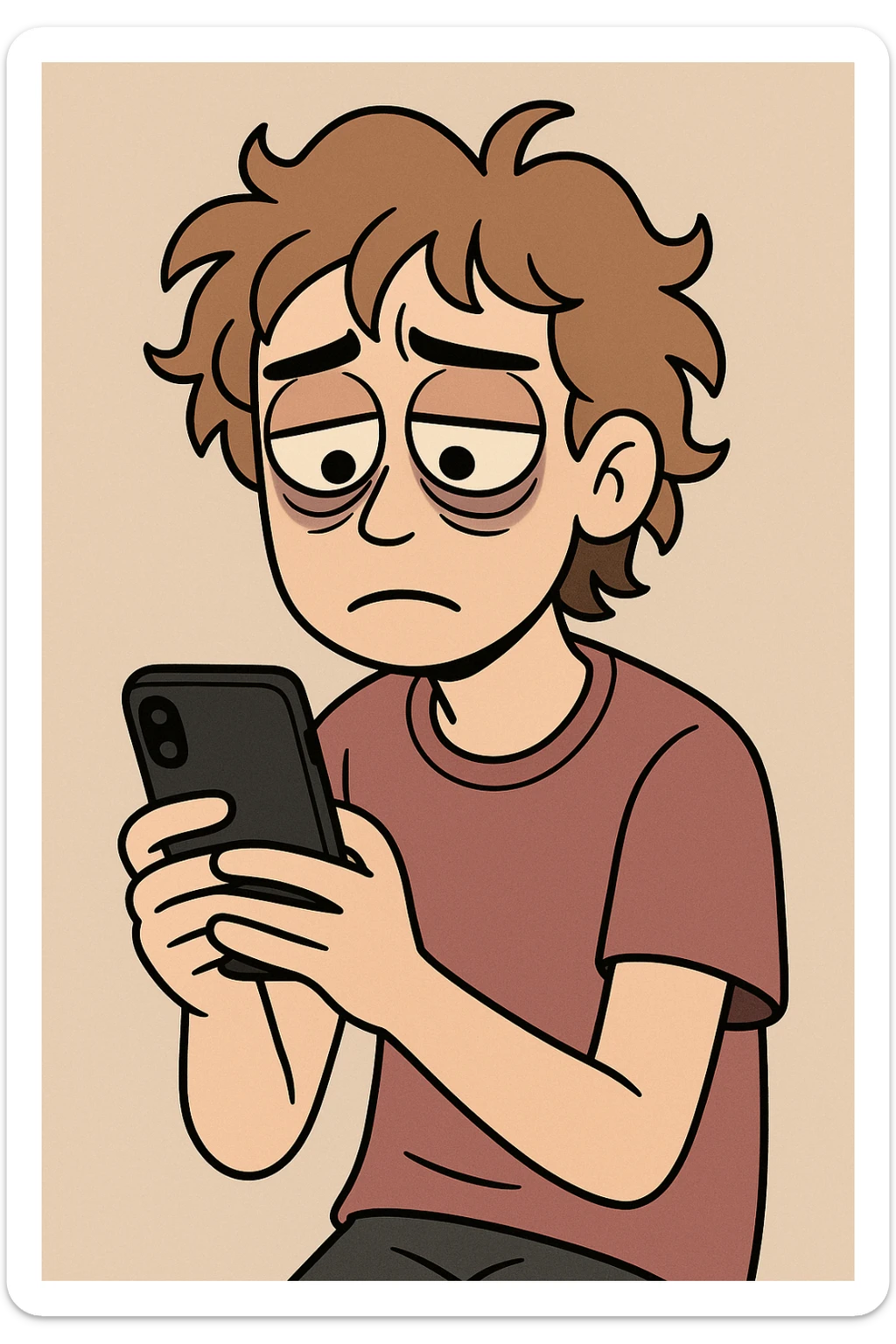 cartoon style of a tired person with dark circles under eyes looking at their cellphone, simple background sticker