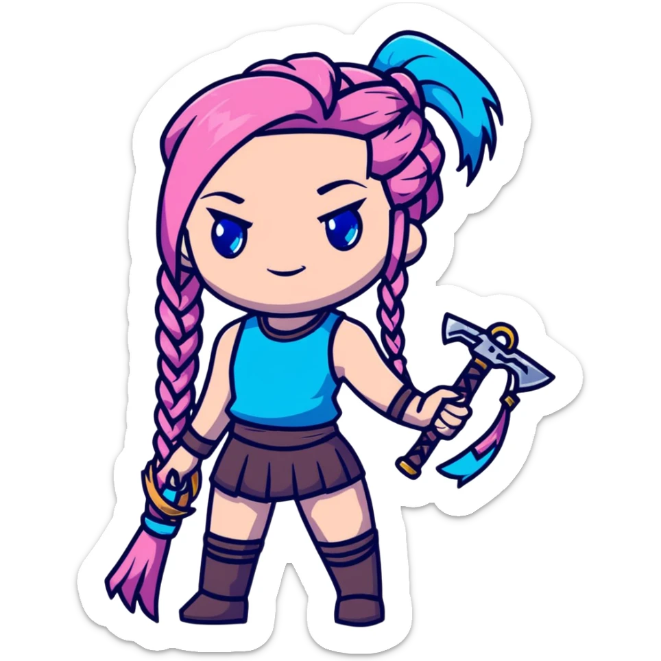 Jinx from League of Legends with long blue braids, pink eyes, and weapons sticker