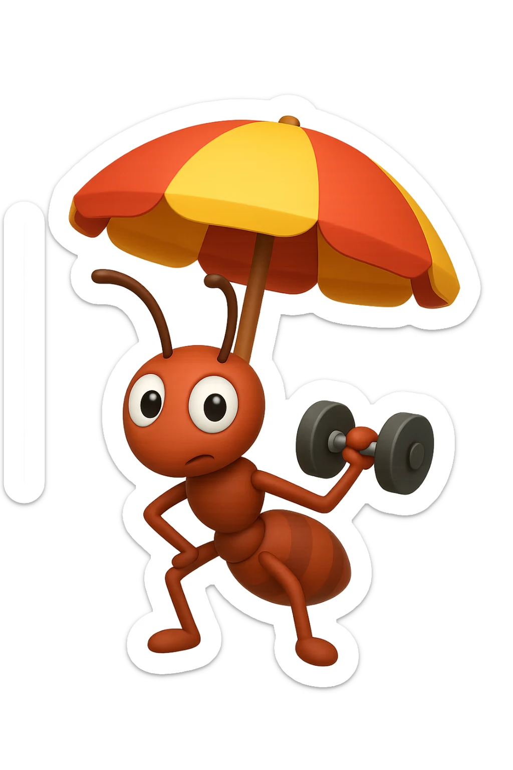 EMOJI STILE IPHONE 3D DI una formica che si allena sotto l'ombrellone in spiaggia con un manubrio da palestra in mano, fagli anche la parte bianca degli occhi, non solo la pupilla sticker