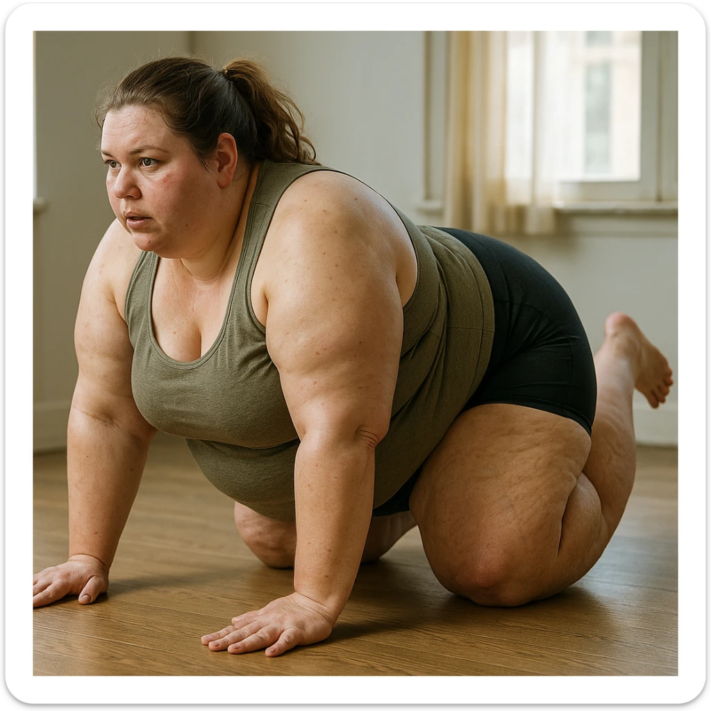 overweight woman doing bodyweight exercises, stubborn fat on legs and thighs, hyper realistic 4K style, anatomical details, natural light sticker
