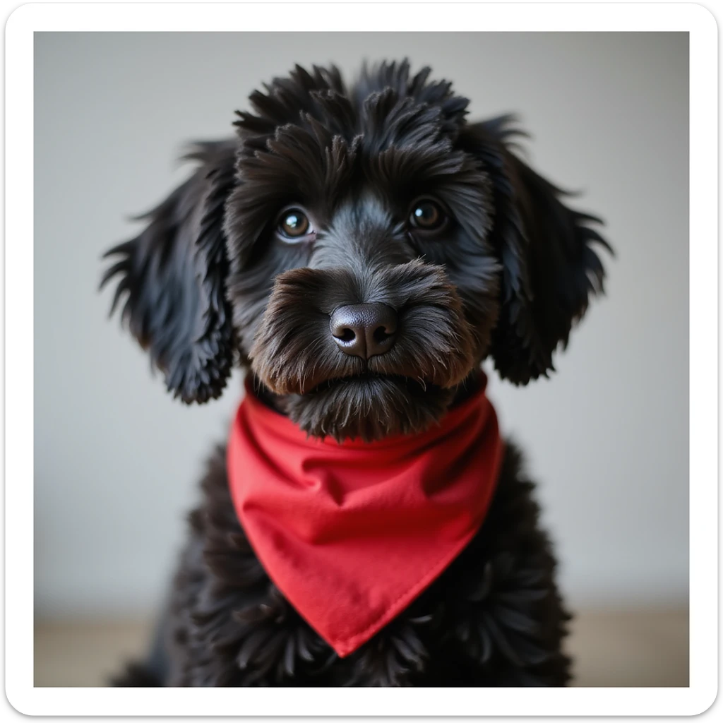 photorealistic black doodle dog wearing a red bandana, accurate details, neutral background sticker
