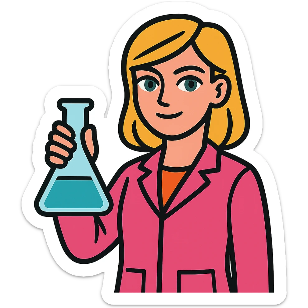 blonde girl with green-grey eyes, wearing a pink lab coat, holding a flask sticker