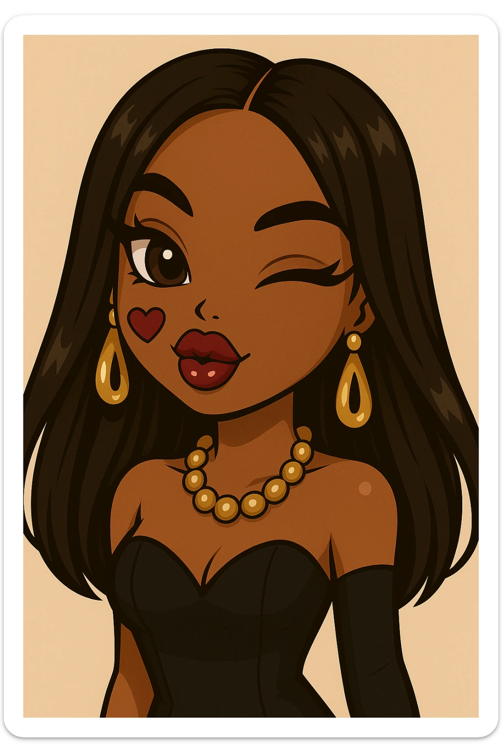 Headshot only of a 20-year-old anime Bratz style woman with dark skin and straight hair. She has a sassy attitude with a confident and playful expression. She wears glamorous evening wear, has big expressive eyes, and glossy lips. No hat, no tears. sticker