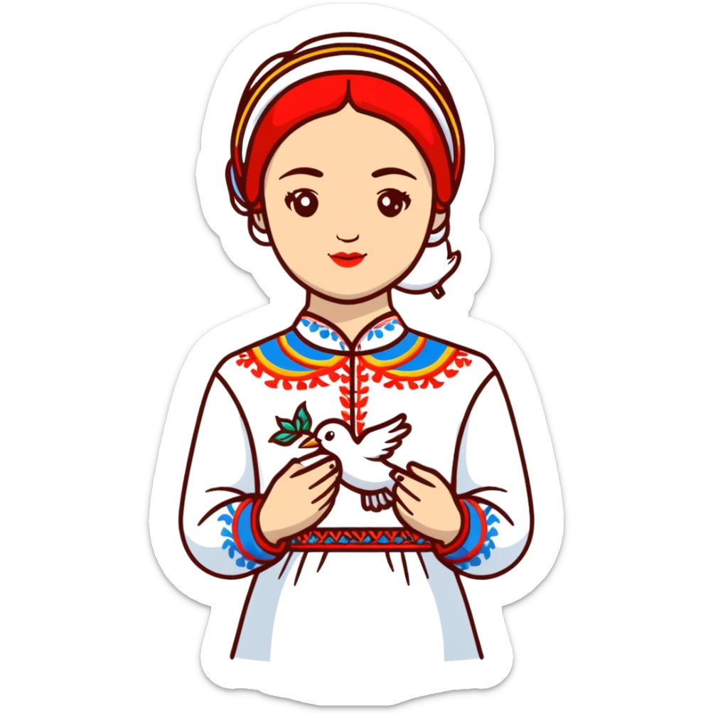 Ukrainian girl wearing a traditional embroidered vyshyvanka shirt with a white dove of peace next to her sticker