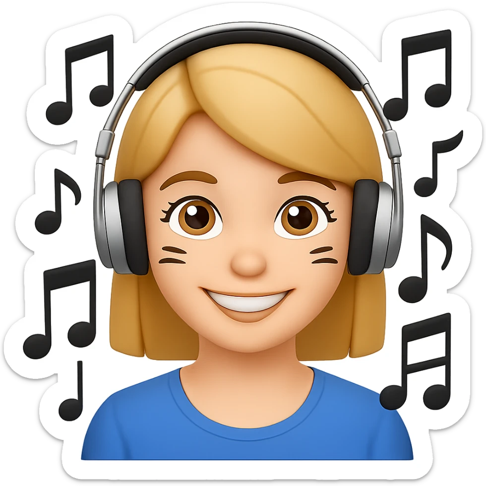 Add headphones to the smiling face with audiobook and music notes emoji, keeping the background transparent. The headphones should be prominent and harmonize with the emoji's existing features. sticker