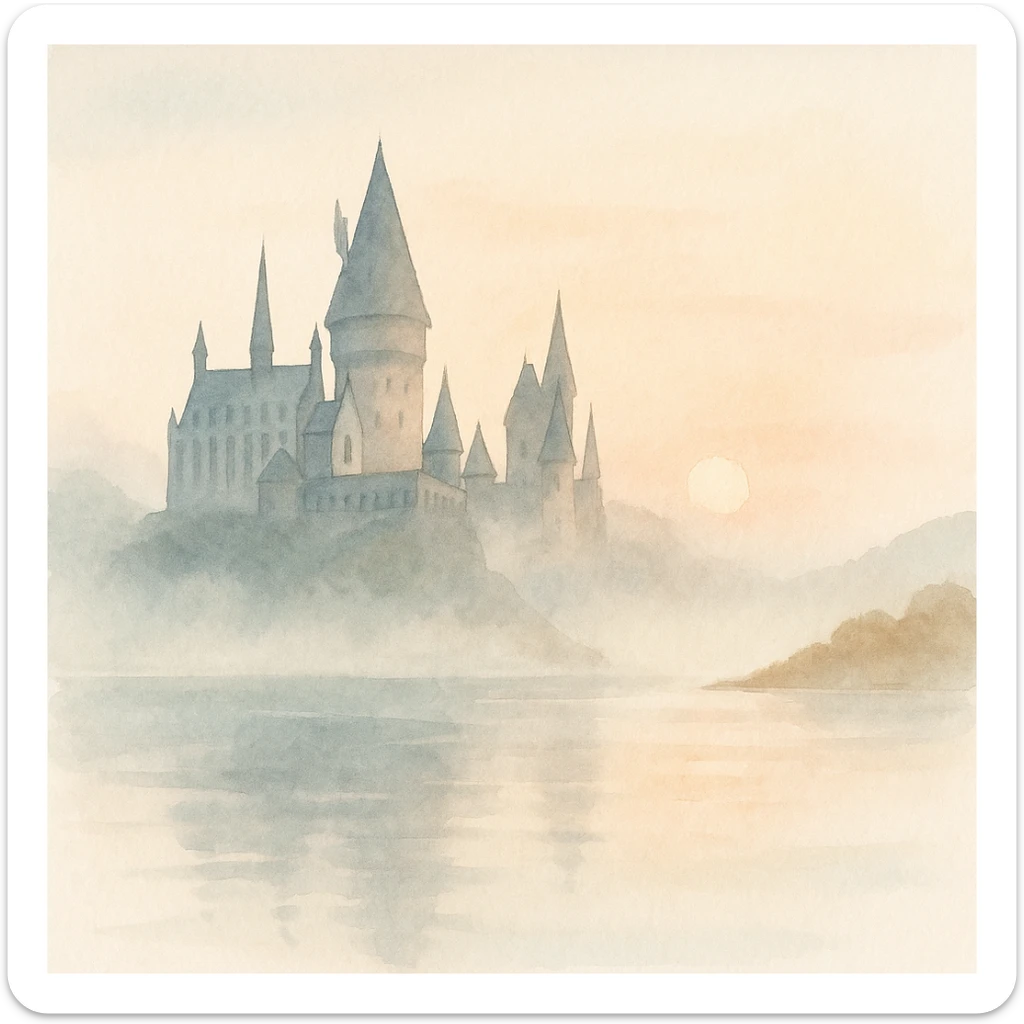 Harry Potter series, Hogwarts castle at sunrise with mist over the lake, watercolor art style sticker