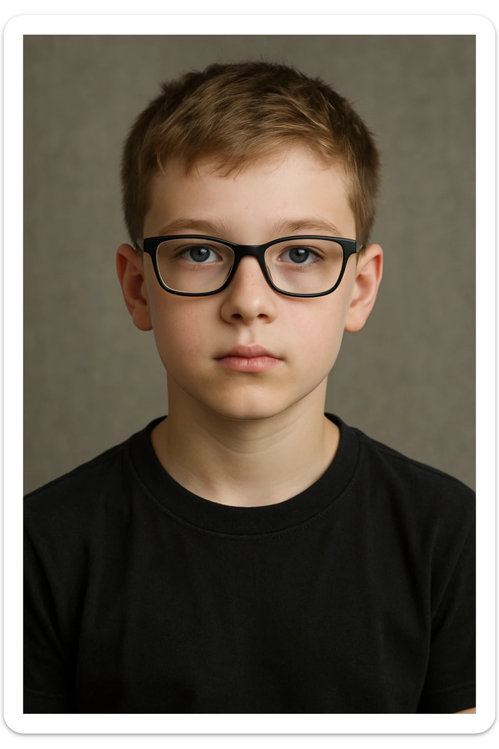 upper body portrait of a white boy with blue eyes, wearing black glasses and a black t-shirt, neutral expression sticker