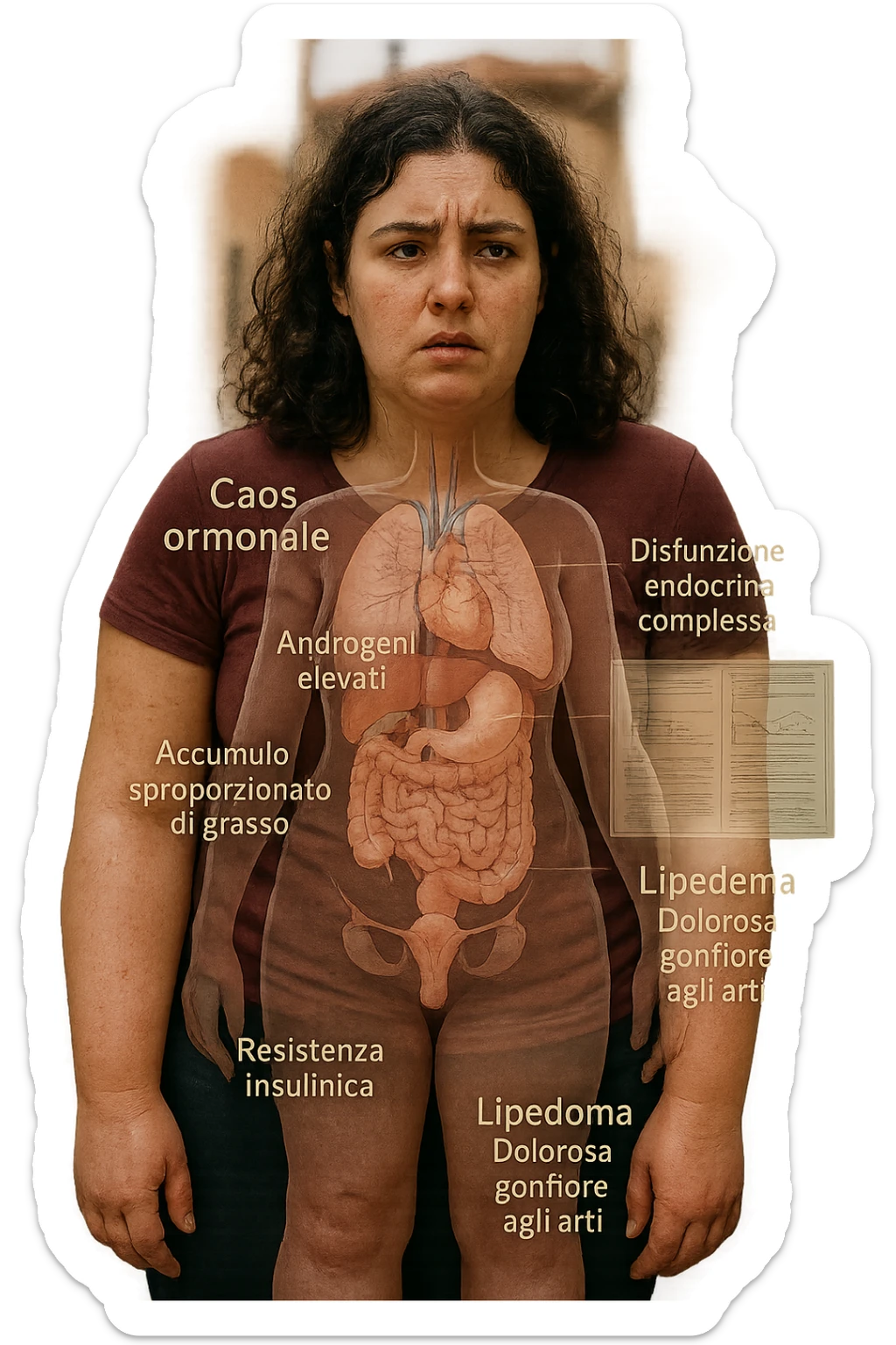 cinematic realistic in italiano Woman with PCOS struggling with hormonal chaos, transparent overlay showing elevated androgens and insulin resistance affecting her body, lipedema causing disproportionate fat accumulation in legs and arms despite normal torso, expression of frustration with unexplained weight gain, medical charts showing complex endocrine dysfunction, painful swollen limbs contrasting with metabolic confusion in italiano sticker