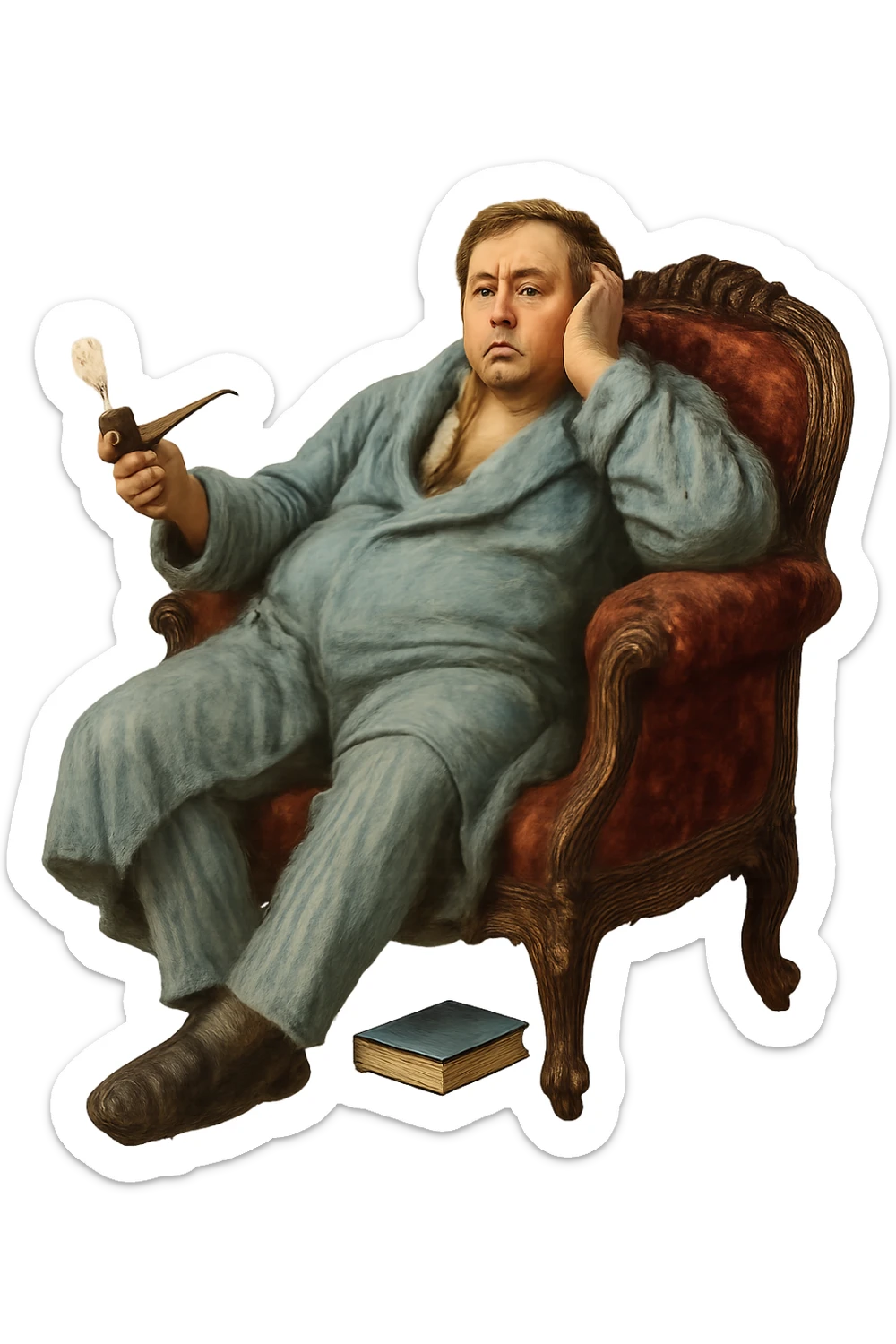 Герой Обломова в слегка рисованном, но при этом реалистичном и объемный стиле, со слегка растерянным видом развалился на дорогой кушетке 19 века, прозрачный фон sticker