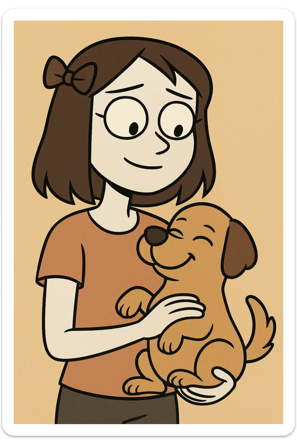 A pale girl with brown shoulder-length hair tied with a ribbon hairclip, holding a dog sticker