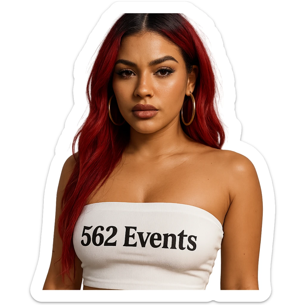 realistic baddie with red hair, wearing a white tube top with '562 Events' written on it sticker