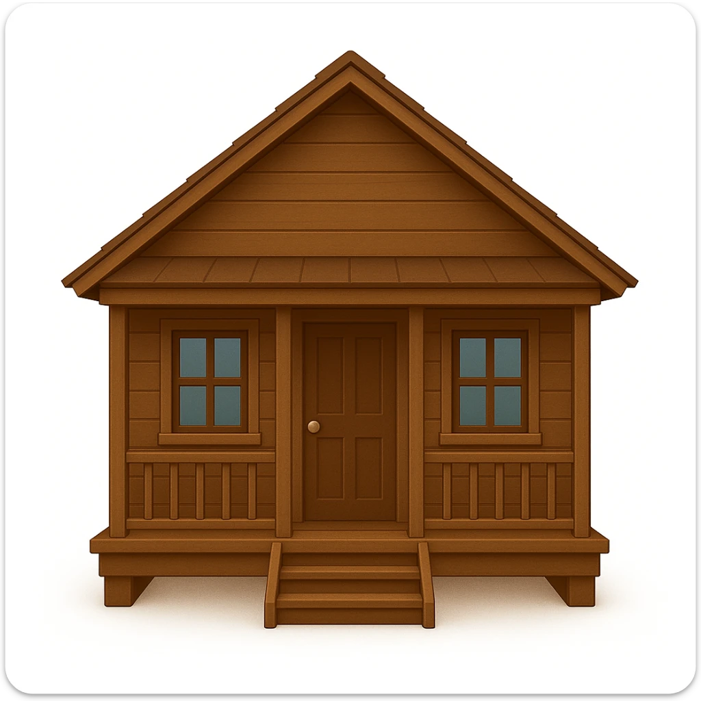 A wooden house typical of Puerto Rican rural neighborhoods, with a simple and cozy design featuring a central functional door, two symmetrical windows, a front porch with open railings, and space for a rocking chair. Emoji style, brown and wooden, no star, no symbol, no chimney, light brown sticker