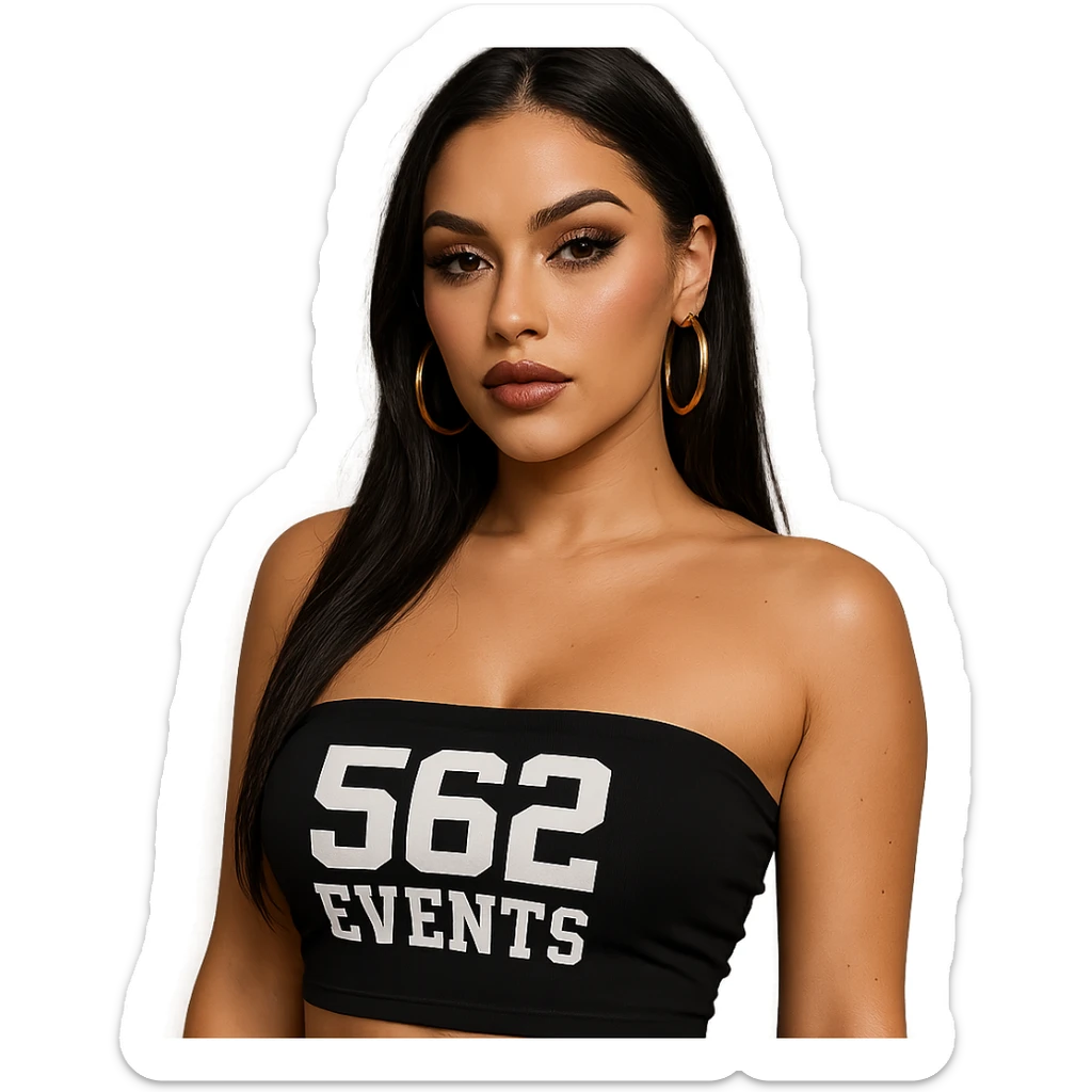 realistic baddie with light skin, wearing a tube top with the text '562 Events' written on it sticker