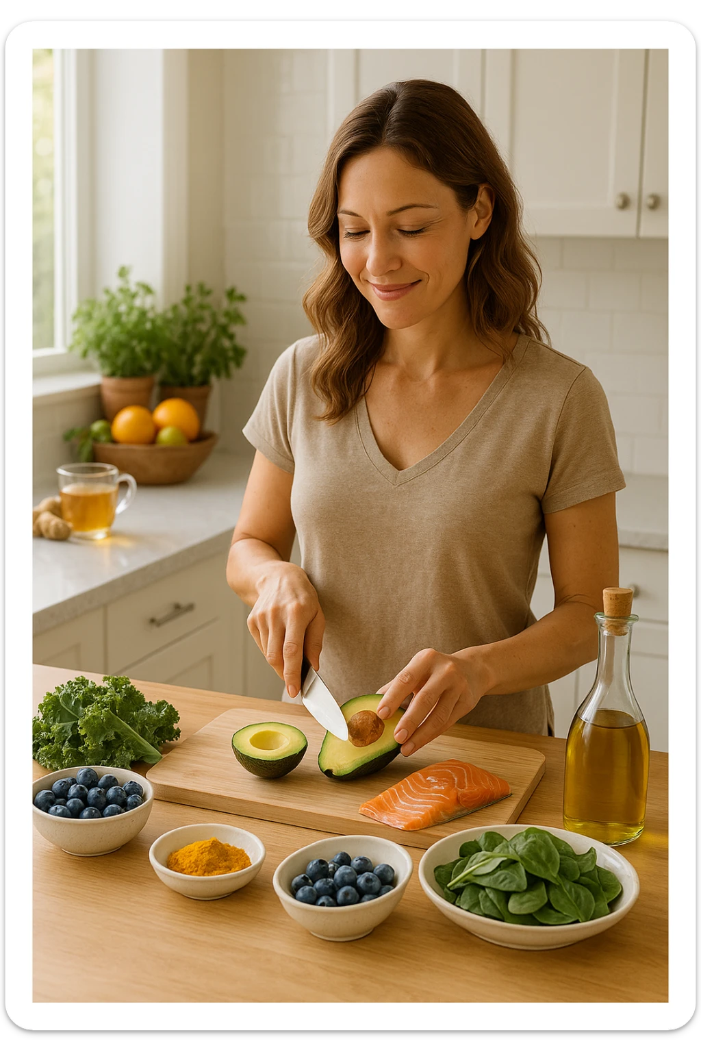 Donna tra i 30 e i 40 anni in una cucina luminosa, serena e sorridente, mentre prepara un pasto a base di cibi antinfiammatori: avocado, mirtilli, salmone selvaggio, verdure a foglia verde, olio d’oliva, curcuma. Il piano cucina è ordinato, ricco di colori naturali. Sullo sfondo: erbe fresche, frutta, una tisana allo zenzero. La donna appare in forma, rilassata e consapevole delle sue scelte. Atmosfera calda e armoniosa, luce naturale. Stile realistico, tono positivo e ispirazionale sticker