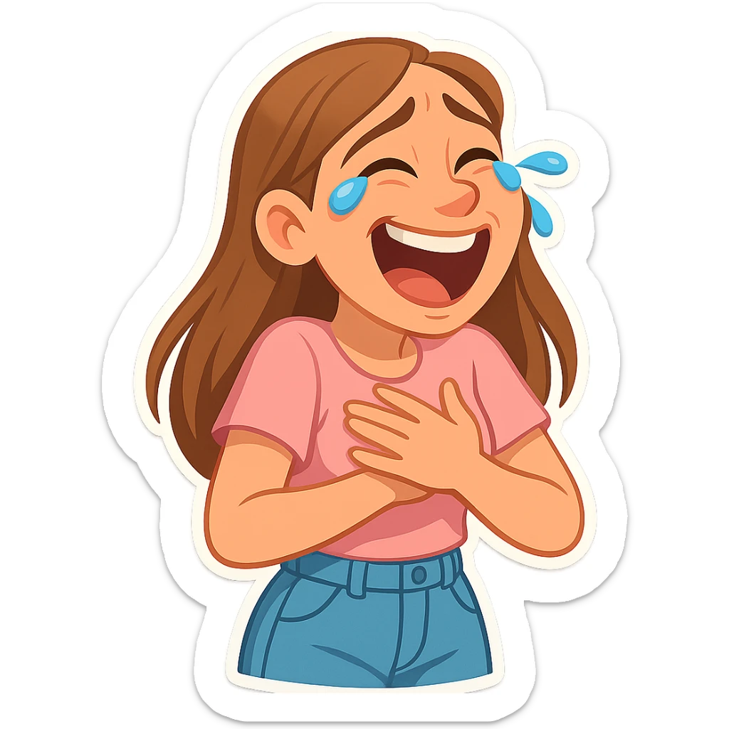 3D cartoon sticker, DreamWorks style of a 30-year-old woman with long light brown hair below shoulder blades, fair skin, large expressive blue eyes, slight bump on nose, wearing a pastel pink t-shirt and light blue mom jeans, laughing to tears, soft light, white sticker outline sticker