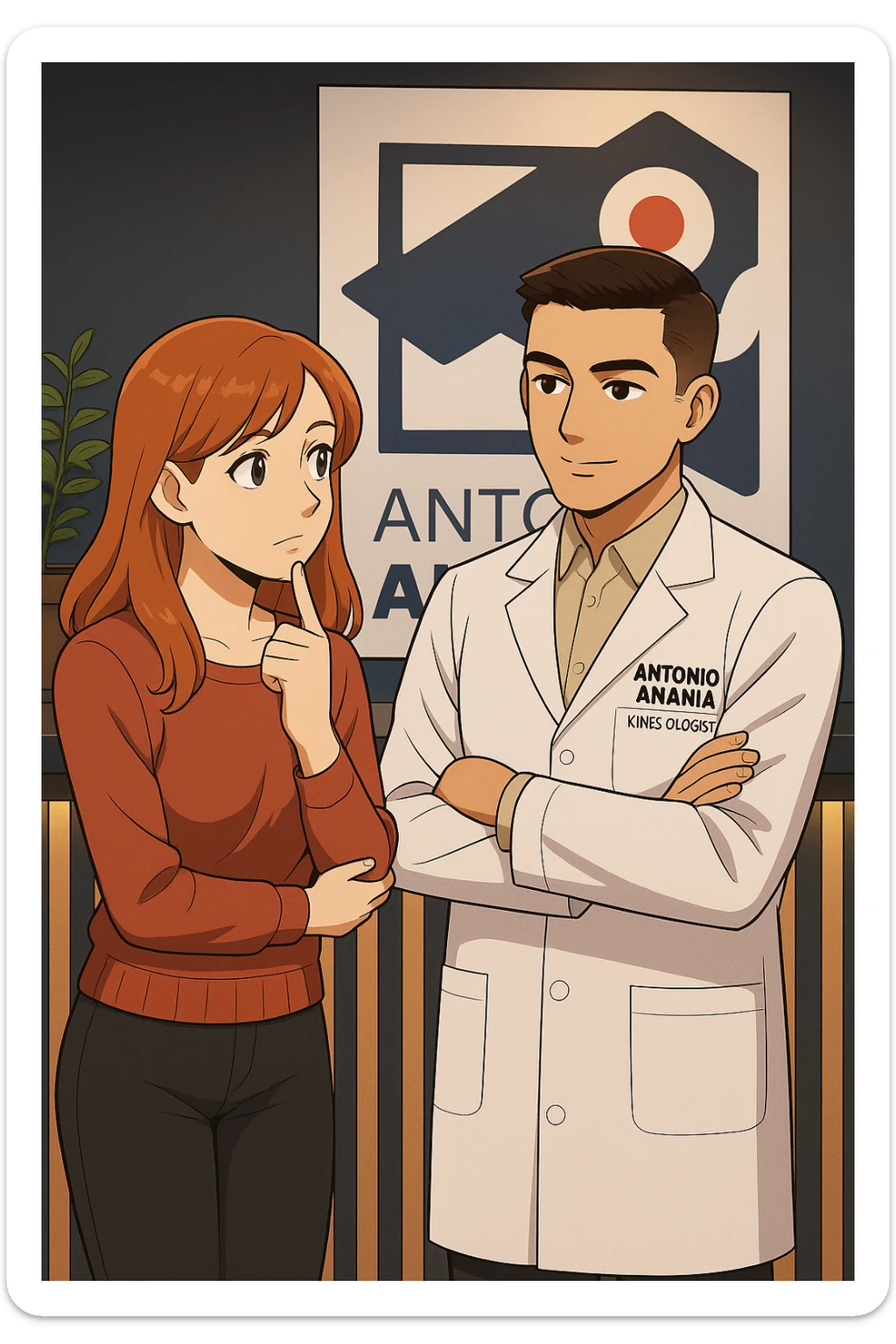 su questo stile fai un manga/webtoon a colori in cui una donna SI TOCCA IL MENTO MENTRE FA UNA DOMANDA ALL'UOMO, l'uomo della foto in stile manga LE SPIEGA CHE DEVE PROVARE LA SUA VALUTAZIONE MEDICA, mantieni un ambiente simile alla foto che ho allegato con il suo logo (sarebbe il suo studio, lui è un kinesiologo), scrivigli "ANTONIO ANANIA" sul camice bianco, non mettere fumetti, ma fai in modo che sembri che la donna CHIEDA E  l'uomo RISPONDA sticker