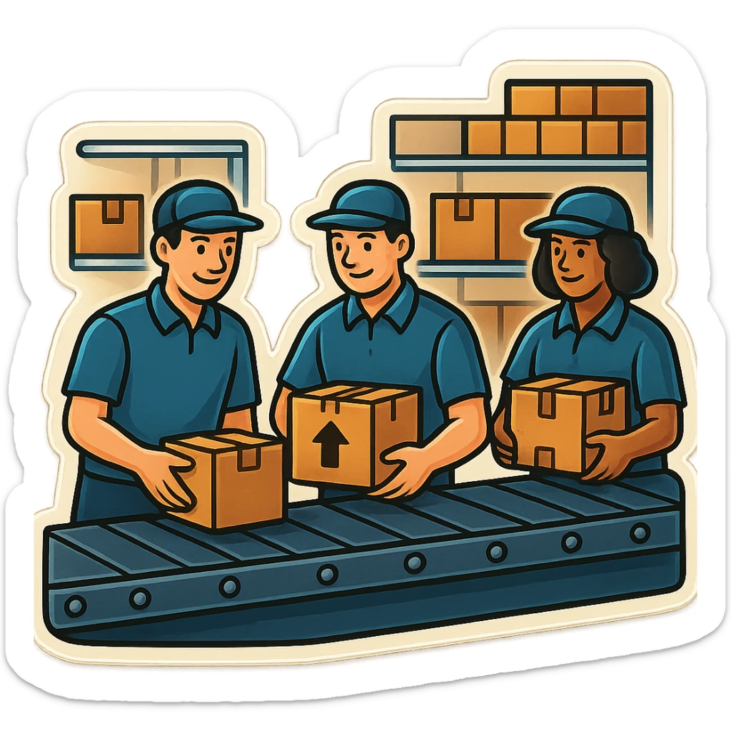 Картинка конвейерной ленты, по ней едут коробки, люди сортируют коробки в разные стороны, не обрезай края обводки sticker