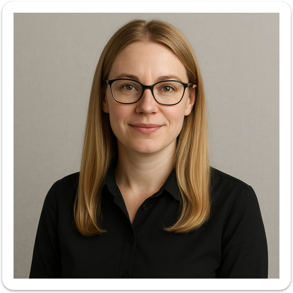 maestra de cabello rubio liso, piel clara, con gafas, fondo neutro sticker